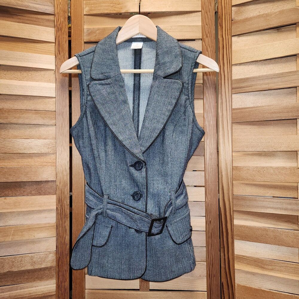 Monroe & Main Gray Tweed Vest Women 10 Button Closure Faux Leather Polyester